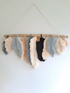 Macrame Feathers w/Wooden Dowel - Blues, Cream, Beige & Black