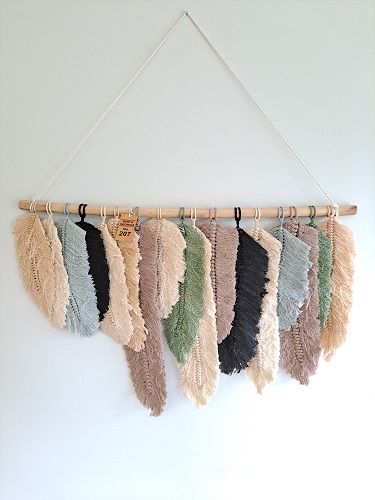 18 Macrame Feathers w/ wooden Dowel(70cm) Beige, Cream, Blue, Black & Tan