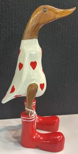 Wooden Duck - White Body & Red Boots with Hearts Small