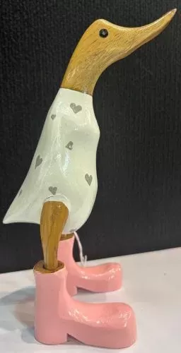 Wooden Duck - Lime Green Body & Pink Boots with Hearts Small