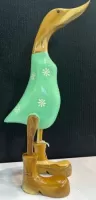 Wooden Duck - Green Body with White Flowers Large