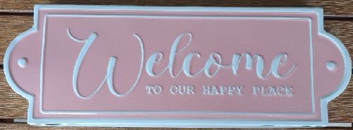 Enamel Wall Sign - Welcome to our House (Pink) 40cm x 14cm