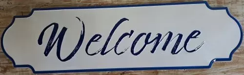 Enamel Wall Sign - Welcome (White with Blue Writing) 25 x 91