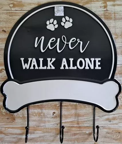 Enamel Wall Sign - Never Walk Alone Black and White with 3 Hooks 31 x 39