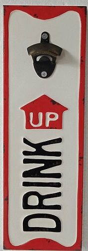 Enamel Wall Sign - Drink Up with Bottle Top Opener (Red)